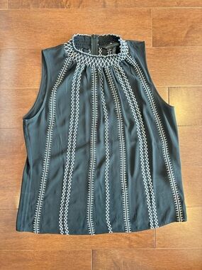 White House Black Market Black Sleeveless Top with White Embroidery